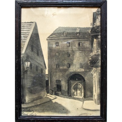 Toruń. Brama klasztorna. Rysunek węglem. Sygn. Teslar 1921